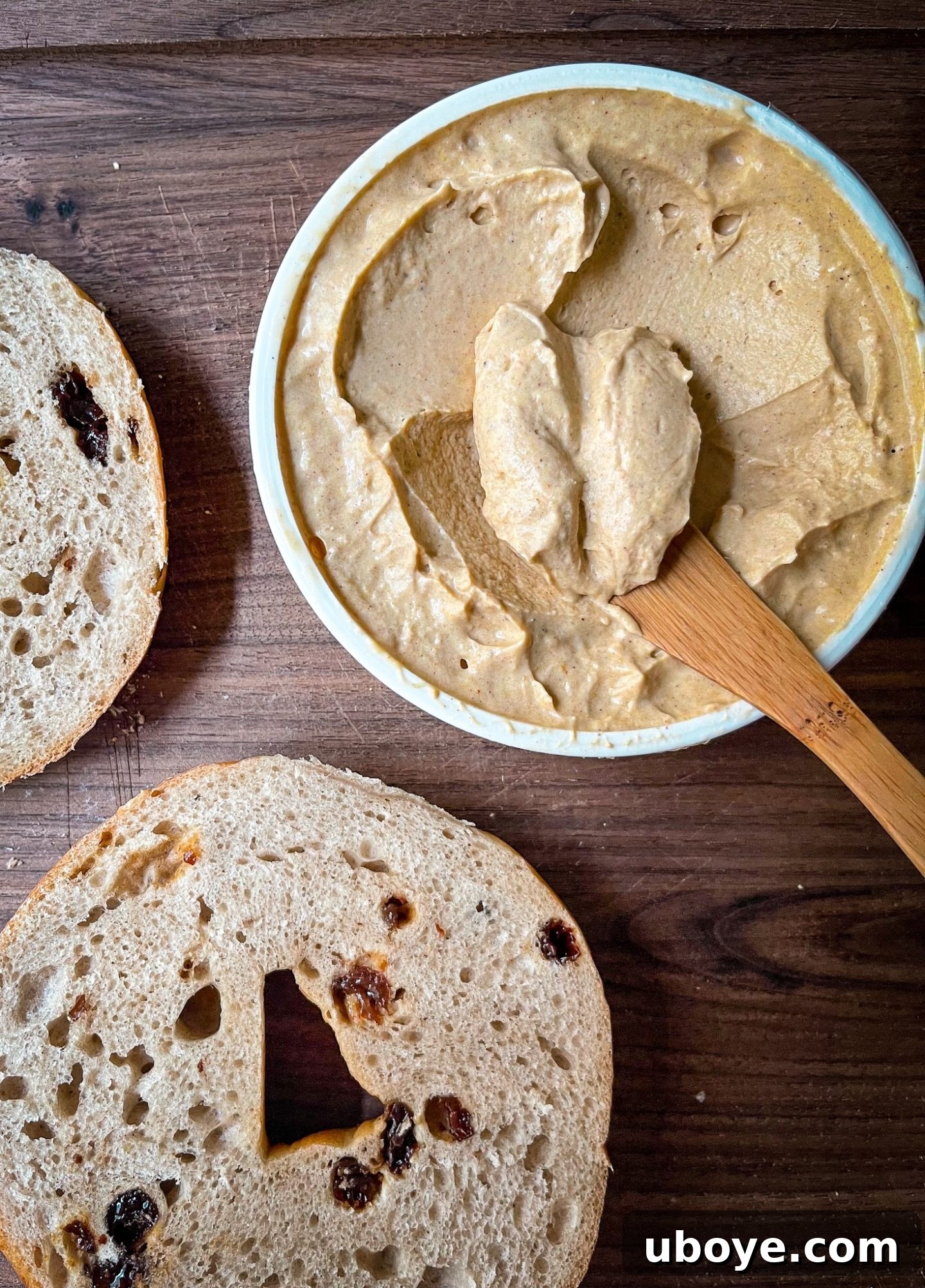 Homemade Vegan Pumpkin Spice Cream Cheese recipe with autumn leaves