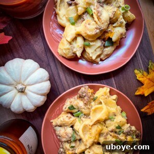 vegan mac and cheese with butternut squash, nutritional yeast, and mushroom tempeh bacon