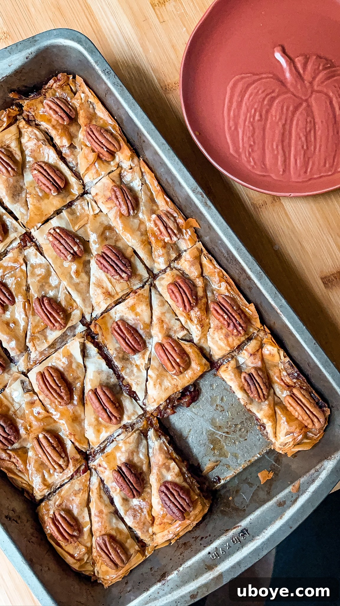 Maple Kissed Pumpkin Pecan Vegan Baklava 4 Full tray of vegan pumpkin pecan baklava before glazing, showing the scoring pattern