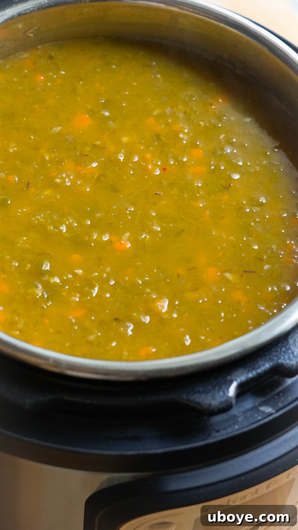Rich and creamy Instant Pot vegan split pea soup ready to serve in a bowl.