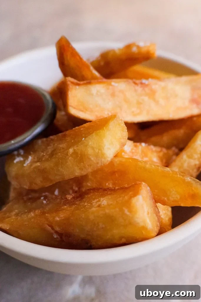 Perfectly seasoned, golden triple-cooked chips with a sprinkle of flaky sea salt, ready to be enjoyed.