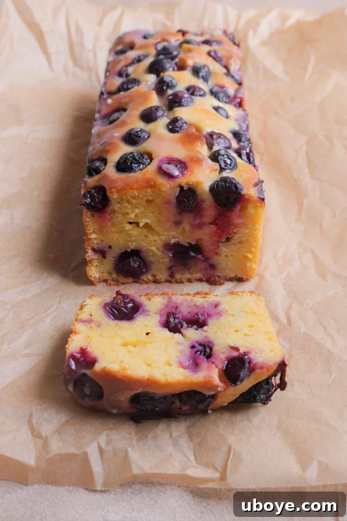 Another view of the delicious blueberry and Greek yoghurt loaf cake, showcasing its golden crust.