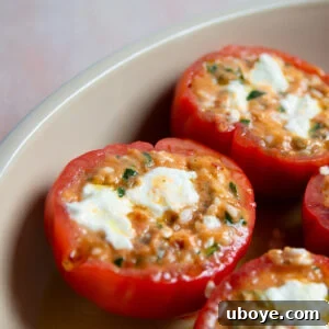 Baked Mediterranean Stuffed Tomatoes, topped with creamy goat cheese and fresh herbs.