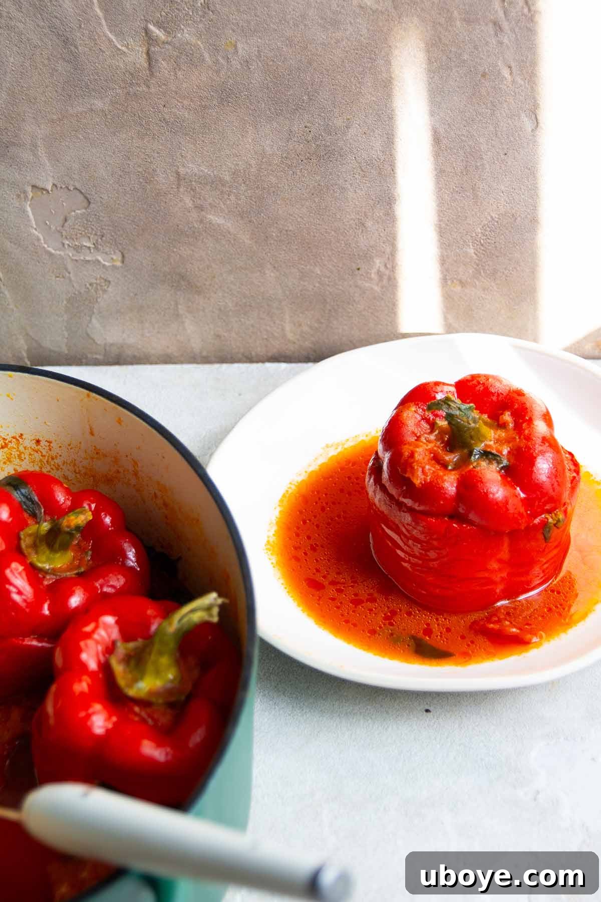 Hearty Beef and Rice Stuffed Peppers 8 Serving a stuffed bell pepper on a white plate with sauce.