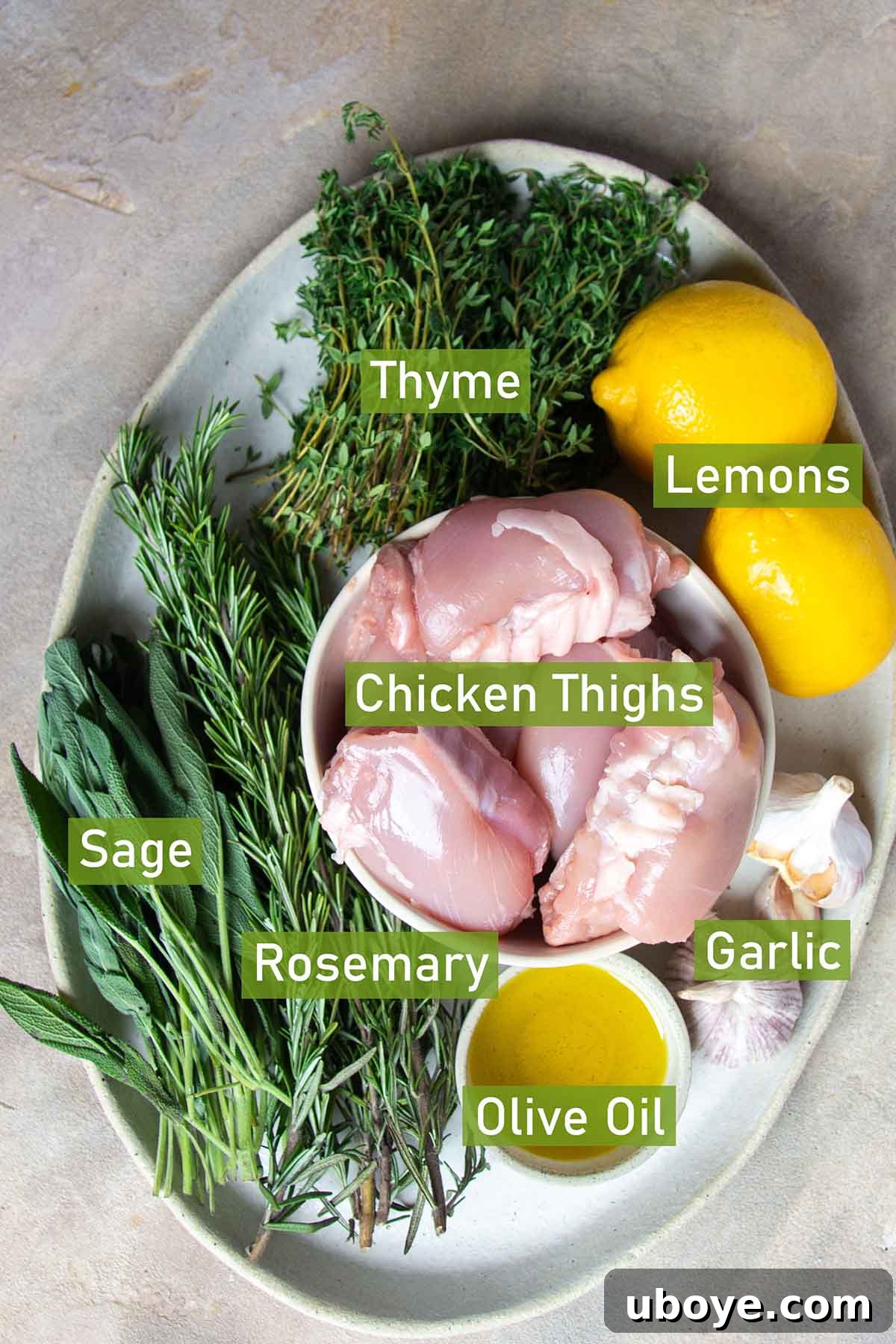 Ingredients laid out for herb marinated chicken skewers, including fresh herbs, garlic, lemons, and chicken thighs.