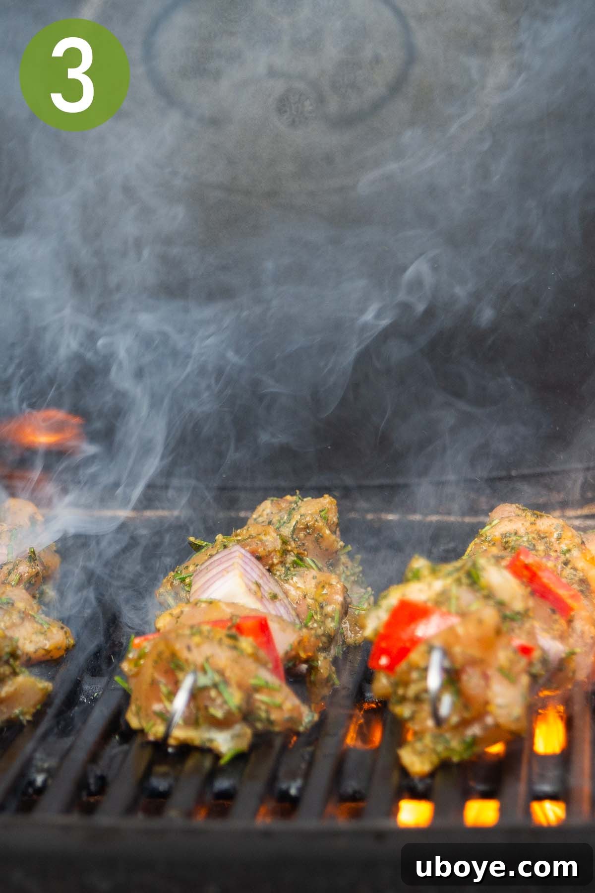 Chicken and vegetable skewers cooking on a hot barbecue grill.