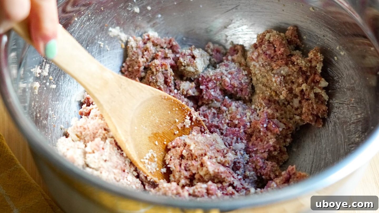 Vegan Meatball Mixture Close-up of vegan meatball mixture being blended with a hand mixer.