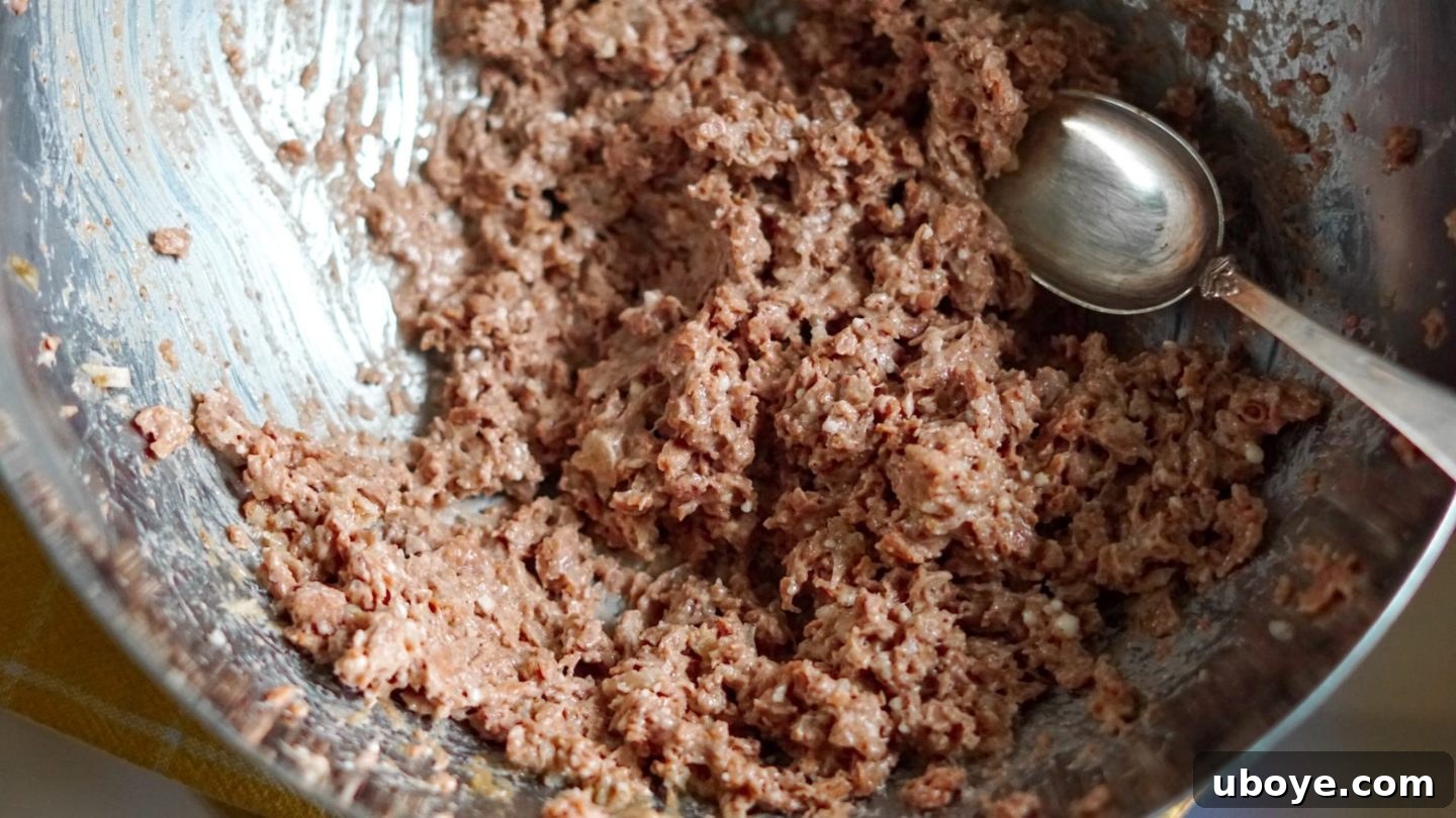 Vegan Meatball Dough A bowl of fully mixed vegan meatball mixture ready for shaping.