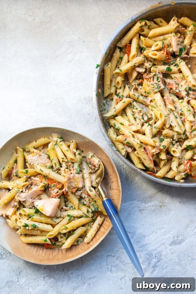 Tuscan Sunset Salmon Pasta 7 A bowl of freshly made creamy salmon Tuscan pasta, ready to be served