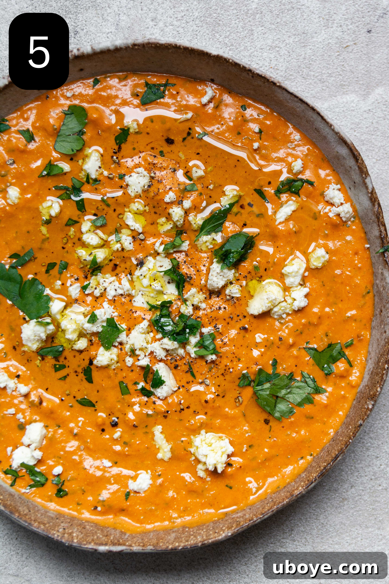 Fiery Feta and Red Pepper Dip 8 The finished red pepper and feta dip, beautifully presented in a bowl, topped with crumbled feta, finely chopped parsley, and a final drizzle of olive oil.