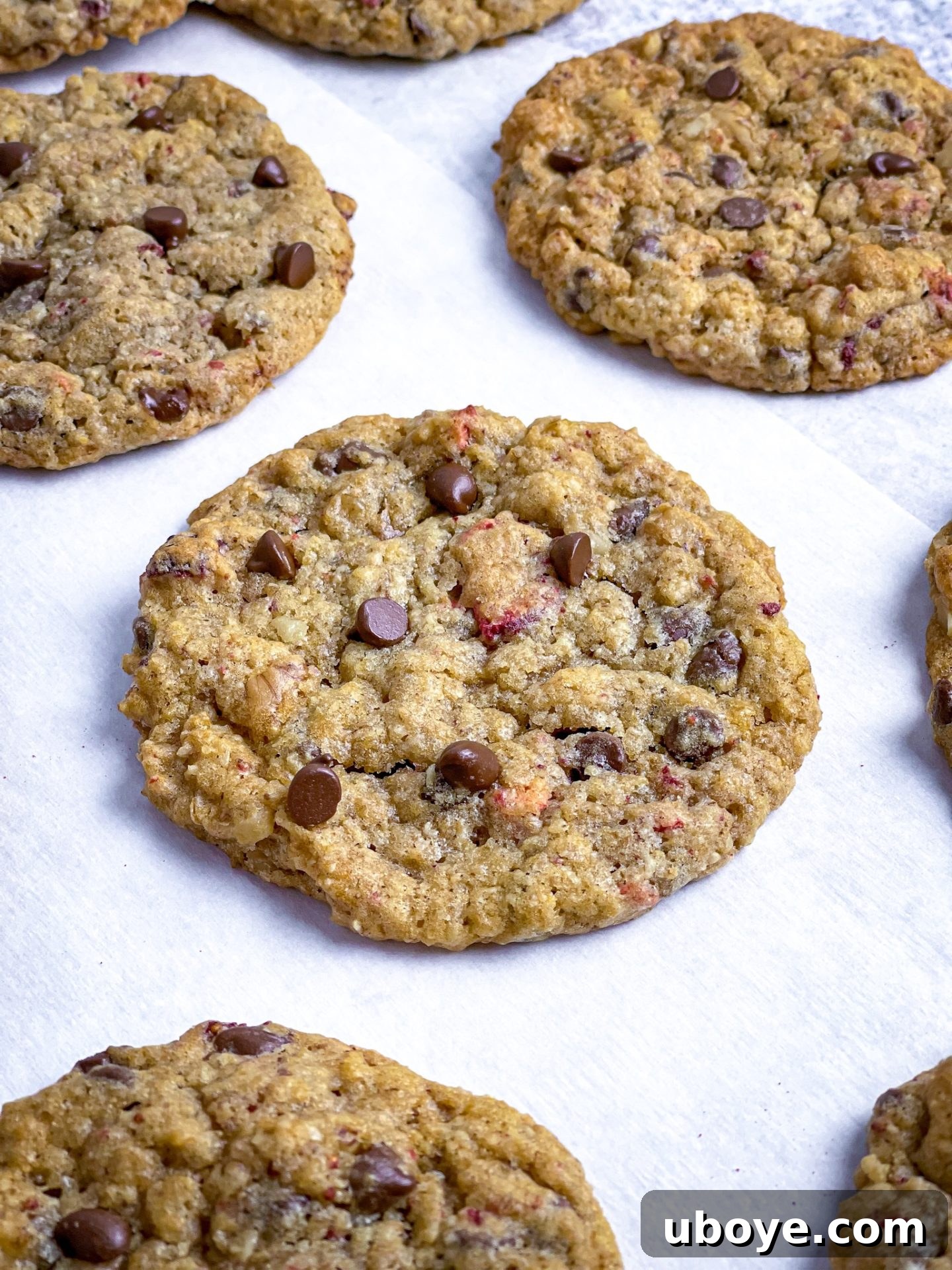 Chocoberry Chip Cookies 11 A tray of large, soft vegan oatmeal chocolate chip cookies, richly studded with strawberries and walnuts, cooling after baking.