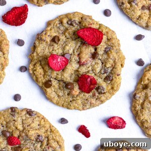 Strawberry chocolate chip cookies with freeze-dried strawberries and vegan chocolate chips