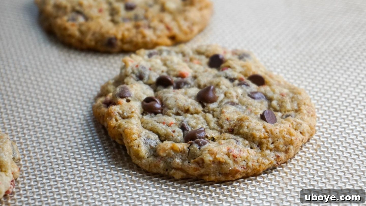 Chocoberry Chip Cookies 4 Close-up shot of vegan strawberry chocolate chip cookies on a non-stick silicone baking mat, highlighting their appealing texture and visible ingredients.