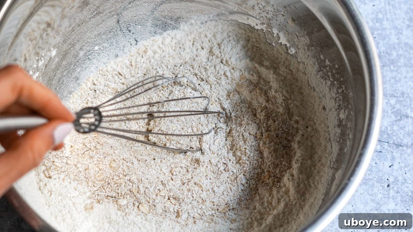Chocoberry Chip Cookies 5 Whisking the dry ingredients in a large mixing bowl to ensure even distribution.