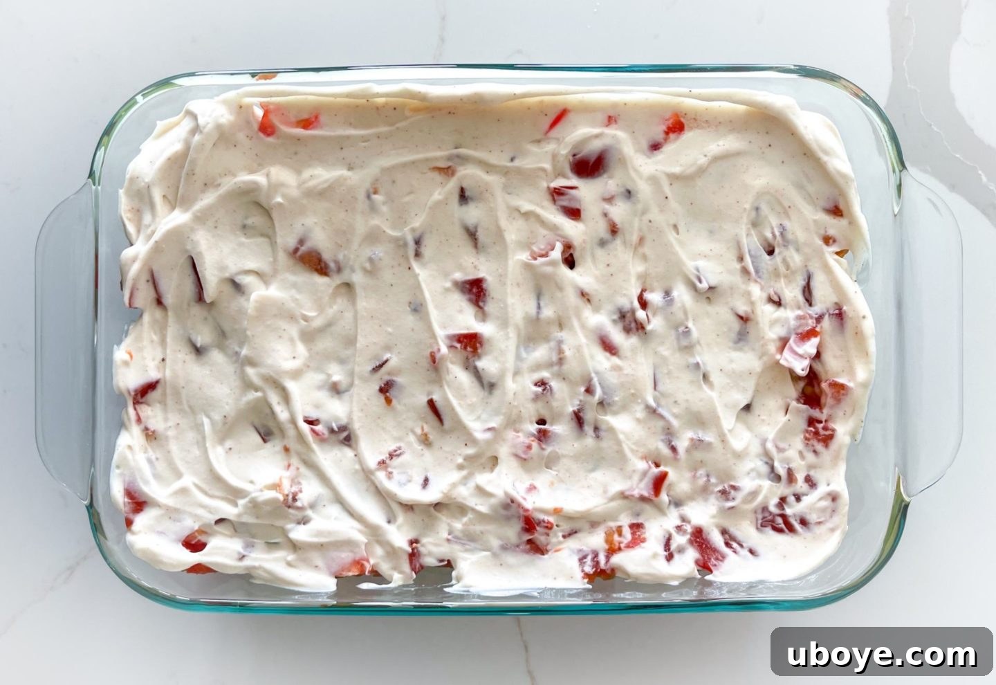 Epic Vegan 7 Layer Dip 12 Seasoned vegan sour cream spread smoothly over the tomato layer in the 7 layer dip.