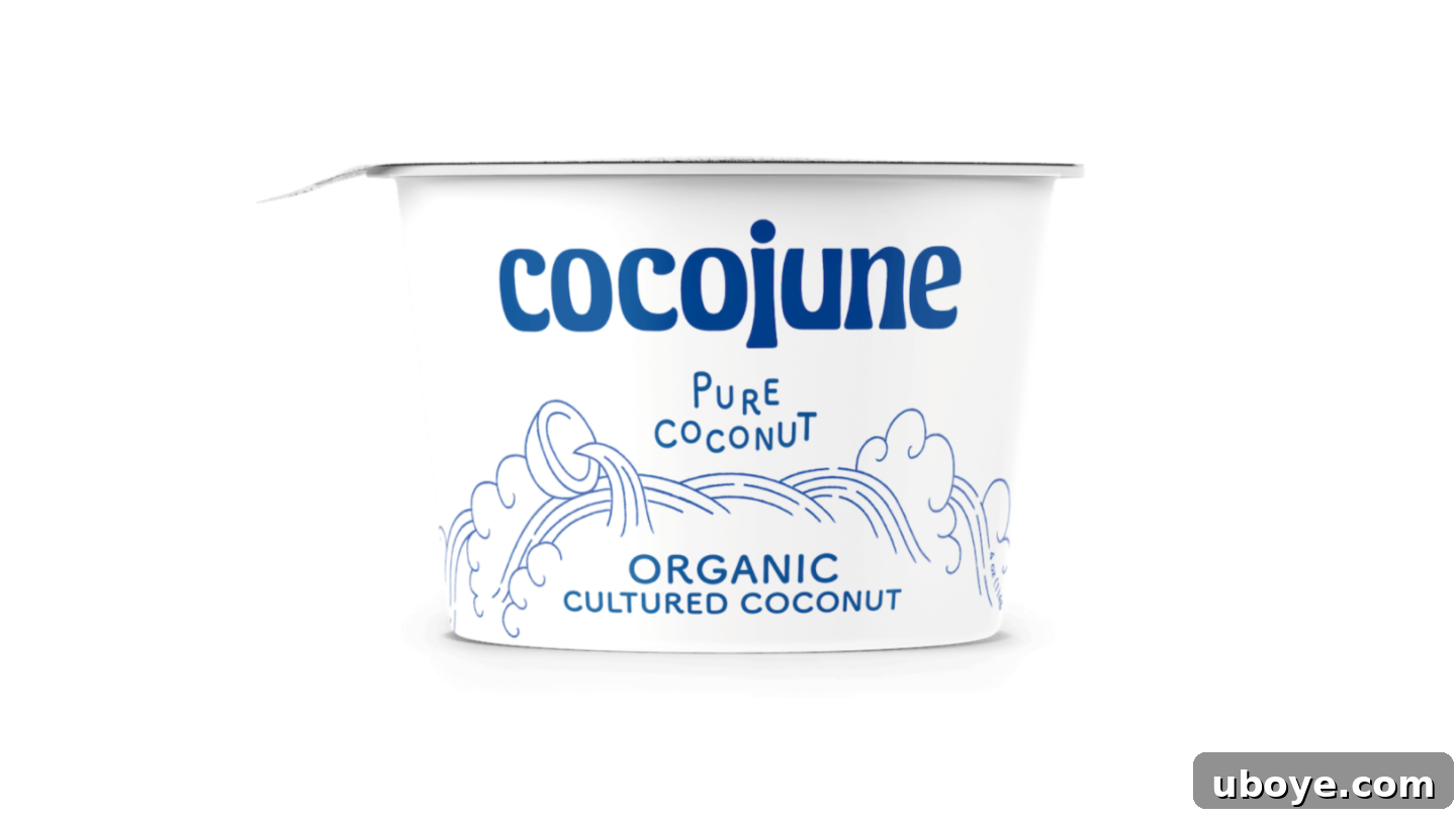 Epic Vegan 7 Layer Dip 17 Packaging for CocoJune plain unsweetened coconut yogurt, highlighted as a versatile, thick vegan sour cream alternative.