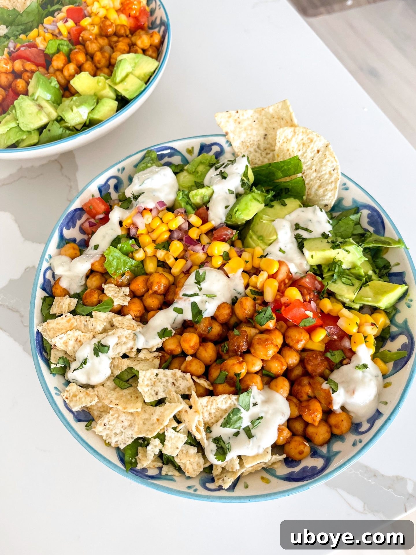 Fiesta Chickpea Taco Salad 2 A beautifully arranged vegan chickpea taco salad on a blue and white plate, garnished and ready to serve. The vibrant colors of lettuce, black beans, corn, avocado, and seasoned chickpeas are visible.