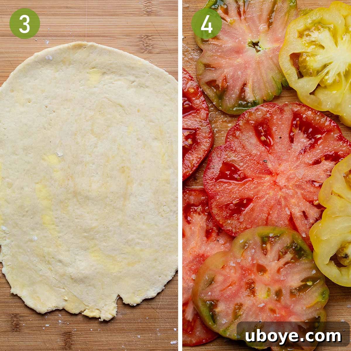 rolling out the pastry and salting the sliced tomatoes.
