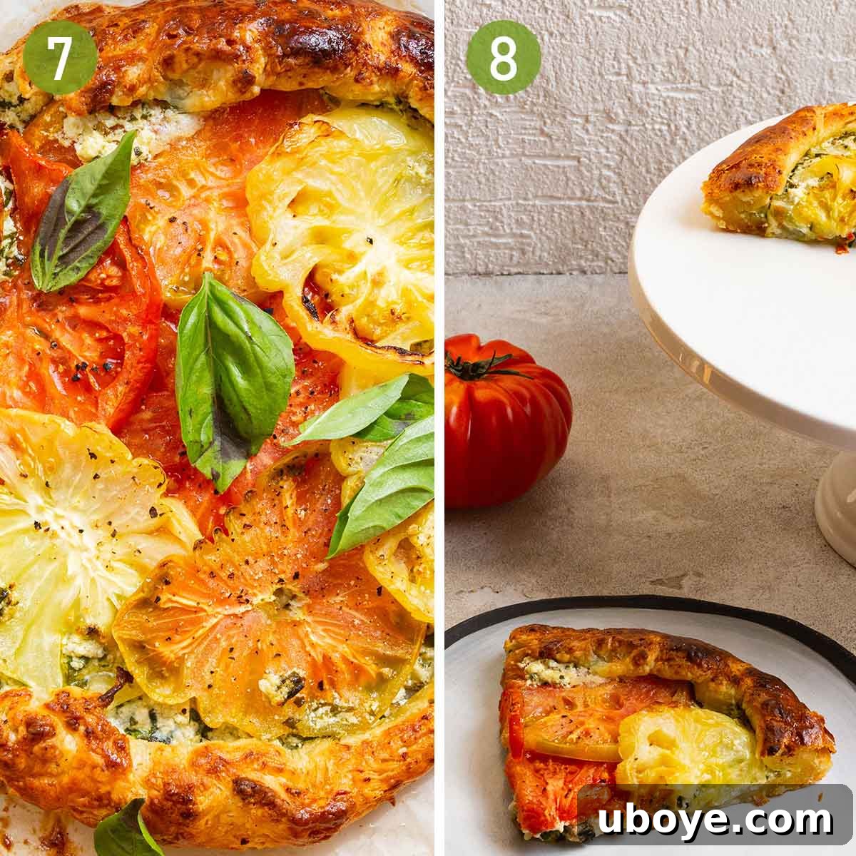 baking and slicing summer tomato tart.