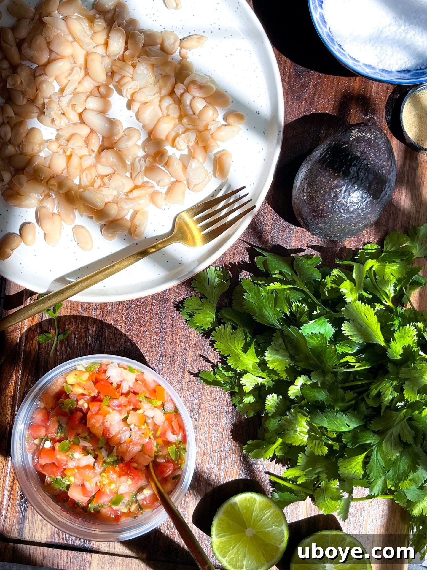 One Avocado Wonder 5 A vibrant spread of guacamole ingredients on a rustic wooden cutting board, including fresh salsa, cilantro, white beans, and a ripe avocado.