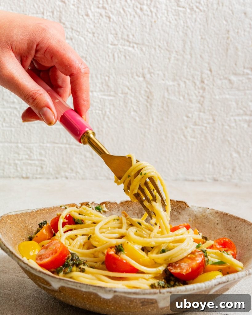 Simple Summer Tomato Pasta 6 Finished no-cook tomato pasta dish in a bowl