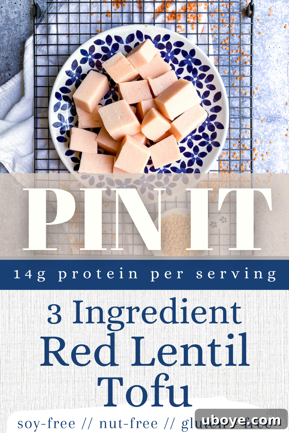 Crimson Lentil Blocks 10 A Pinterest pin graphic featuring a finished red lentil tofu dish with text 'Pin this Recipe to Save for Later!'.