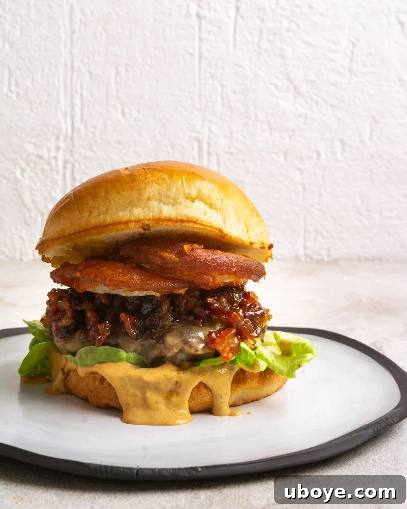 Crispy Onion Ring Burger 9 A freshly assembled burger ready to be served.