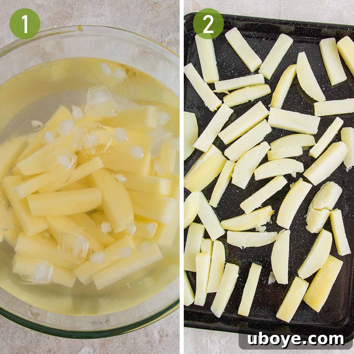 Hand cutting potatoes into uniform chips and soaking them in cold water, then spreading them on a tray for cooling.