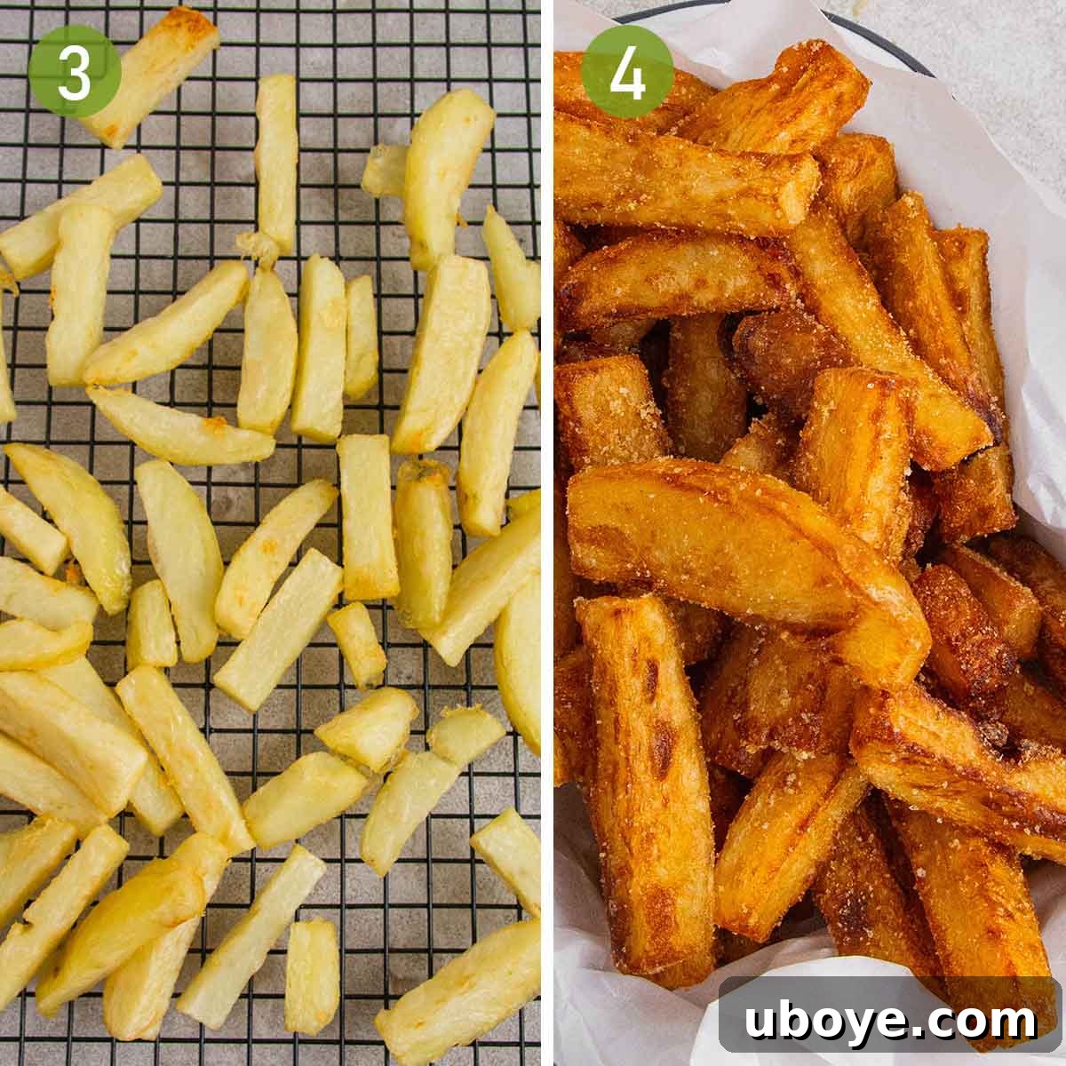 The process of draining parboiled chips and frying them until they achieve a perfect golden crispness.