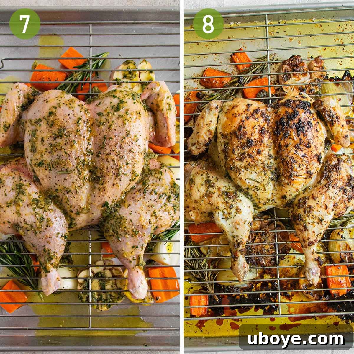 Before and after images showing a whole chicken and vegetables in a roasting pan, ready for and just out of the oven.