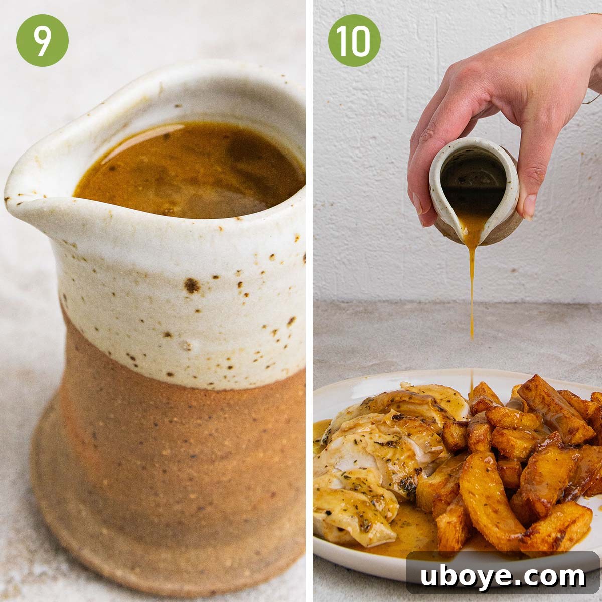 The process of making the rich chicken gravy and finally serving it alongside the roasted chicken and crispy chips.