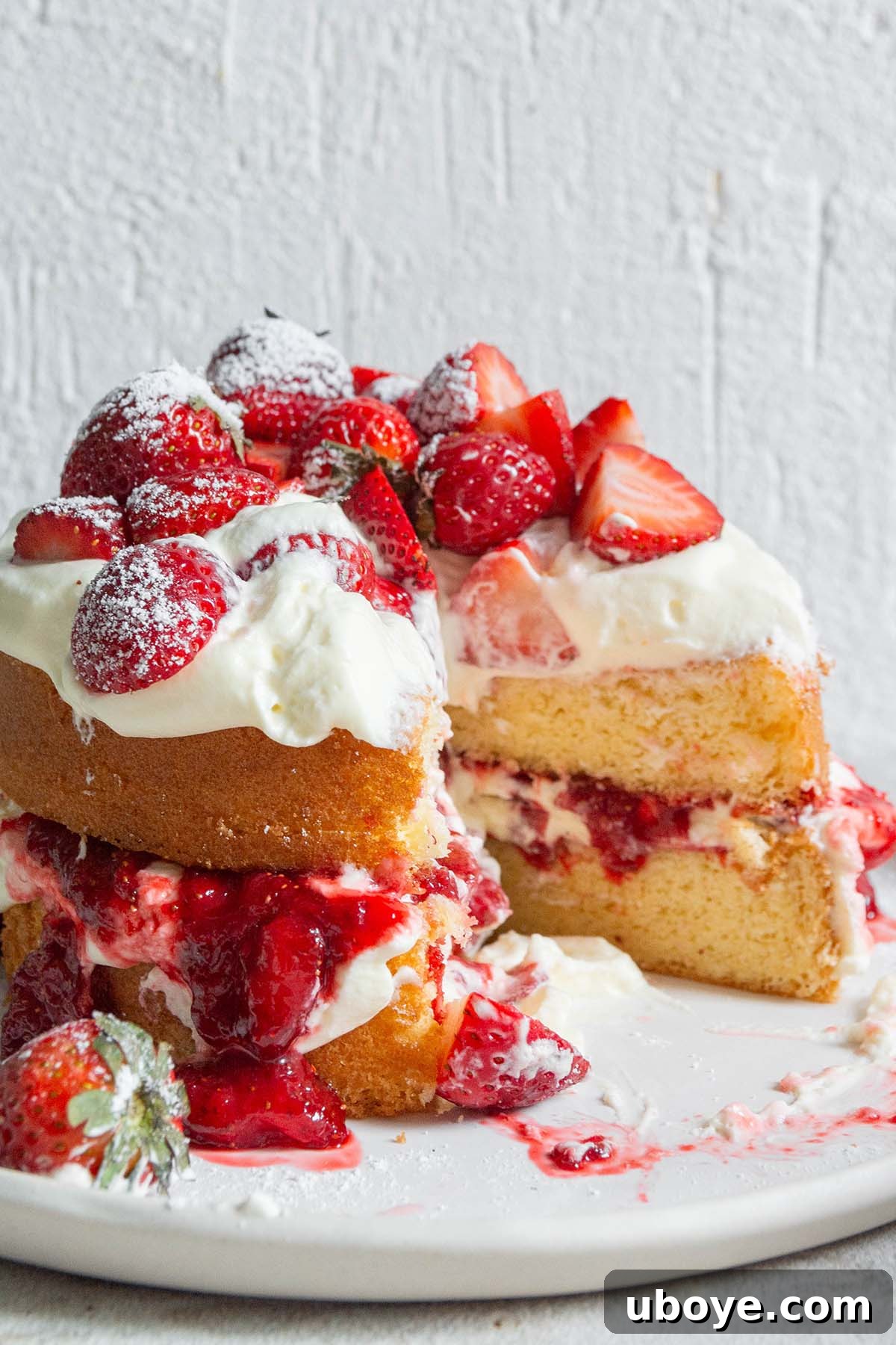 Strawberry Cream Dream Cake 2 Sliced strawberry jam sponge cake on a plate, showcasing its layers of fluffy cake, cream, and vibrant jam.