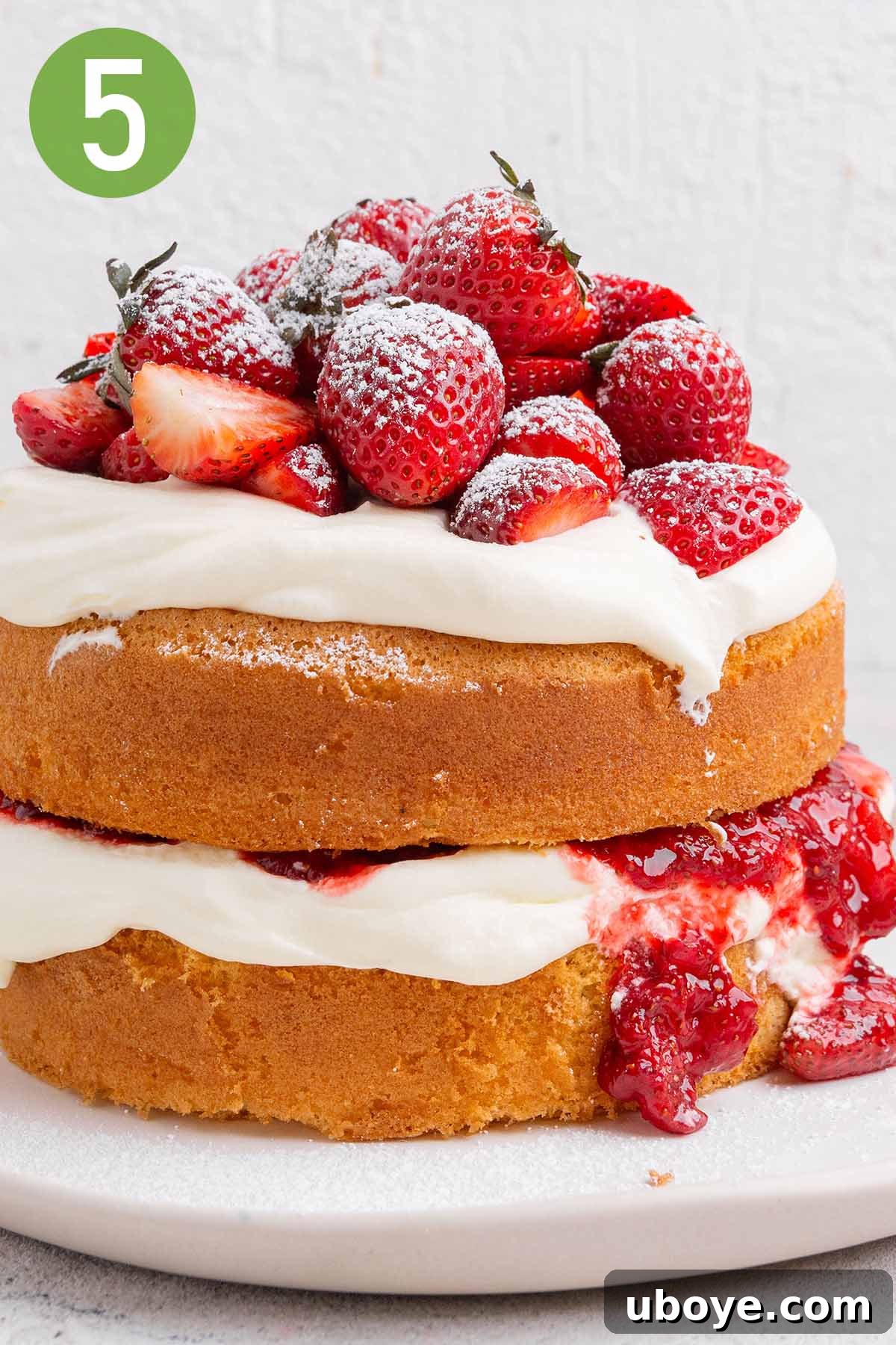 Strawberry Cream Dream Cake 7 A two-layer sponge cake being assembled with whipped cream and fresh strawberries.