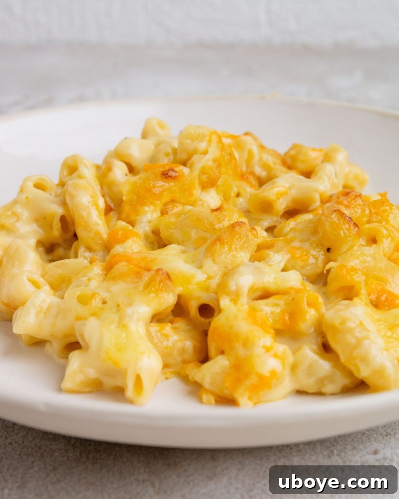 A small white bowl generously filled with baked mac and cheese, showcasing its golden crust and creamy texture.
