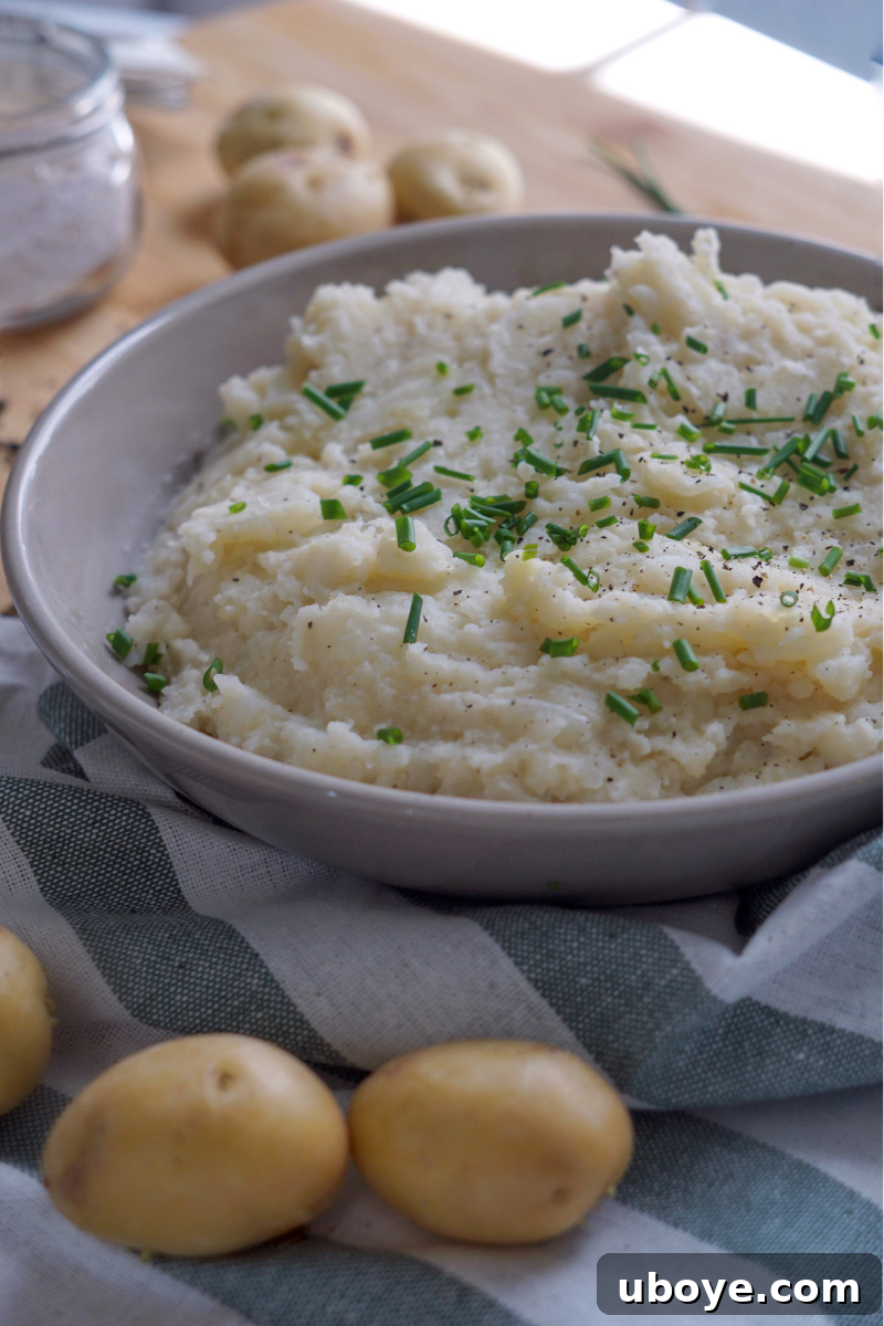 Cooked cauliflower florets and peeled, quartered Yukon Gold potatoes in separate pots, ready for mashing.