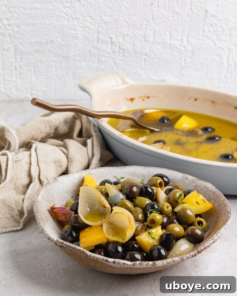 Oven-Roasted Olive Confit 2 Baked olive confit, ready to serve as a side dish or appetizer