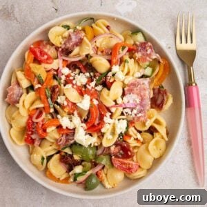 A plate of colorful Rainbow Antipasto Pasta Salad, served with a fork.
