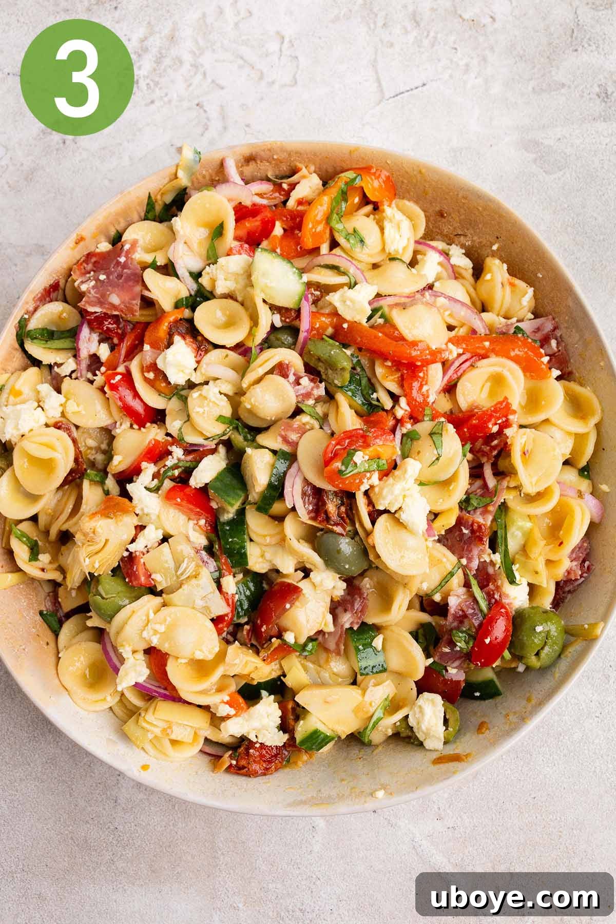 Mixing the cooked pasta with the colorful antipasto salad ingredients and dressing.