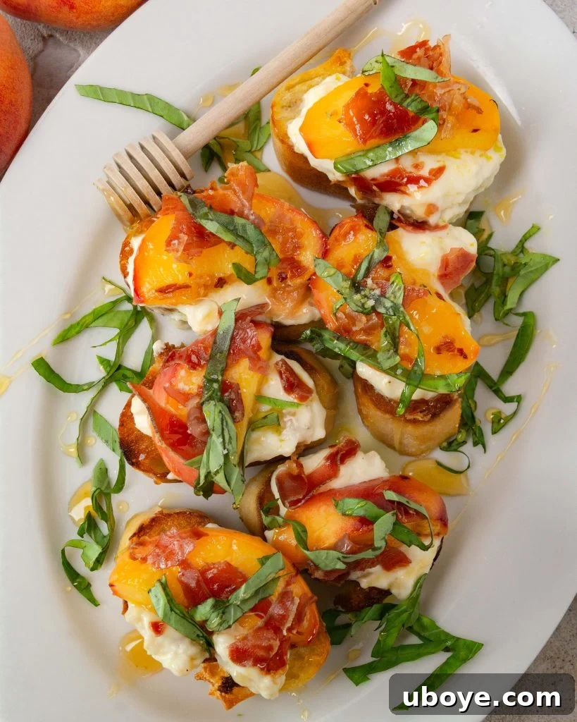 Gourmet Peach and crispy prosciutto crostini ready to be served