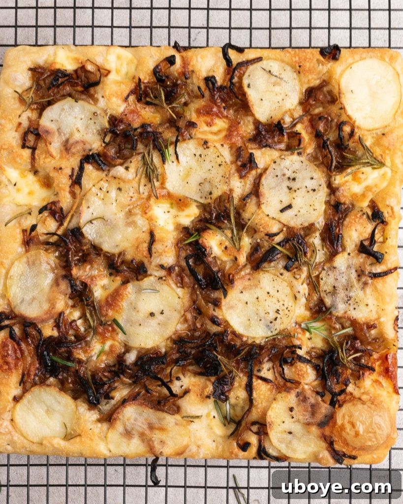 Golden Caramelized Onion Sheet Pan Pizza 3 Close-up of golden brown caramelized onions and thinly sliced potatoes on pizza