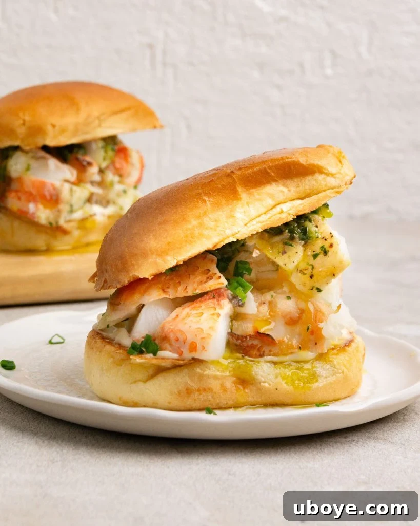 Assembled buttery lobster roll, ready to serve