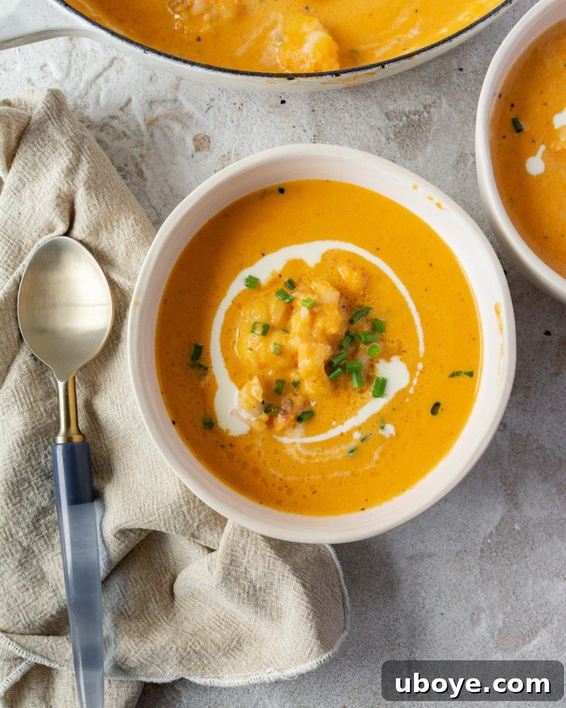 A beautifully presented bowl of creamy lobster bisque, garnished with fresh herbs and a piece of lobster meat.