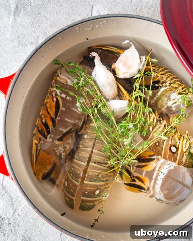 Various stages of preparing lobster bisque, showing ingredients and cooking process.