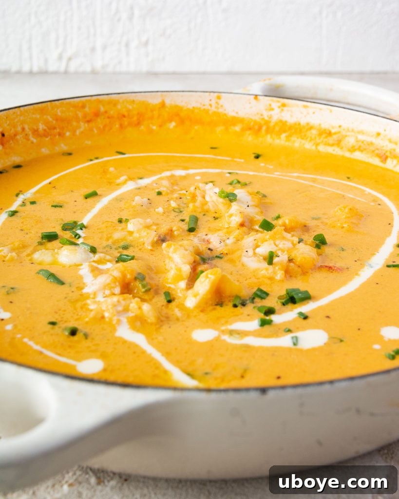 A close-up shot of the finished lobster bisque, creamy and garnished.