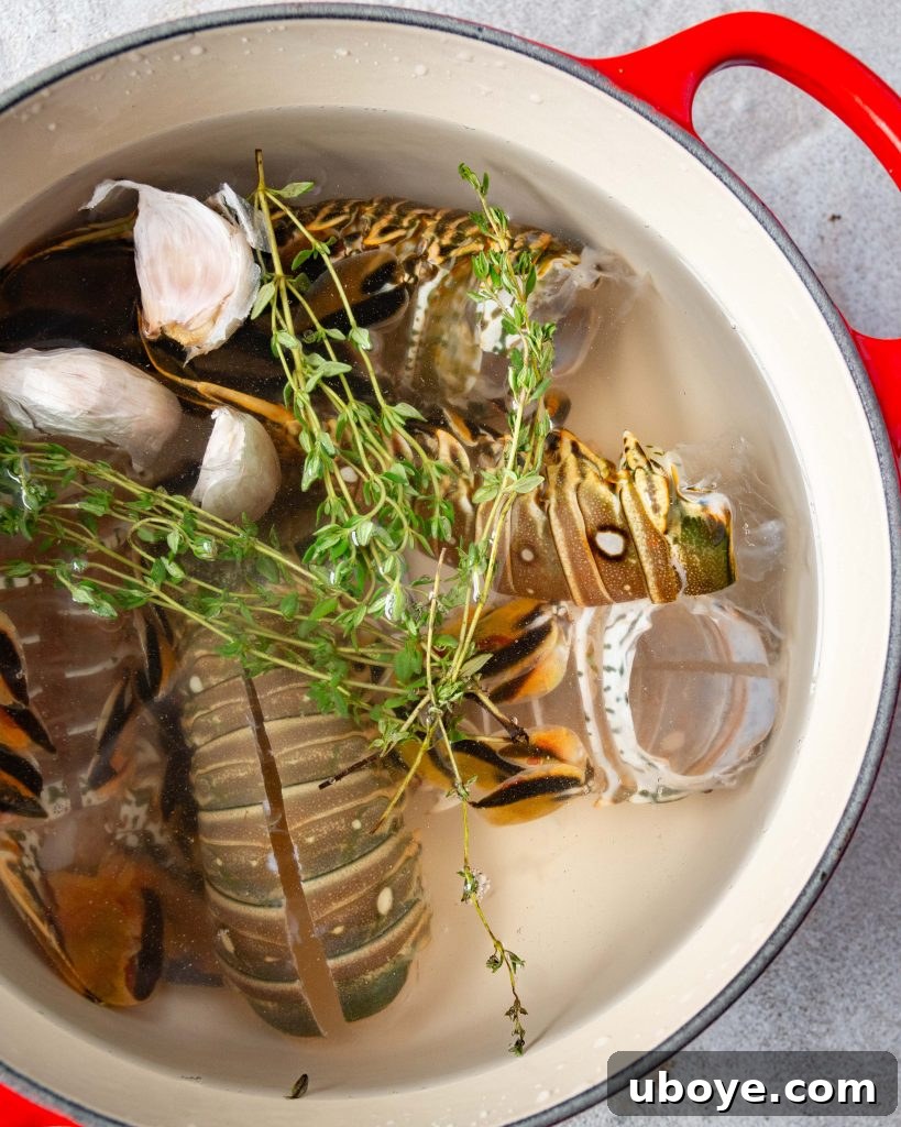 Fresh lobster meat being gently poached in melted butter.