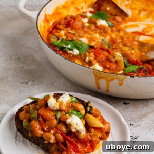 Rustic Tomato Garlic Beans 11 A perfectly plated bowl of tomatoey garlic beans, garnished and ready to eat.