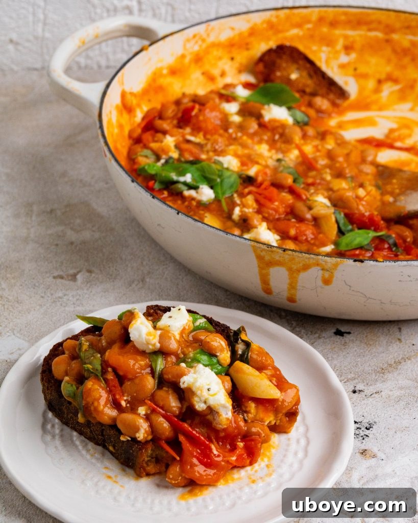 Rustic Tomato Garlic Beans 8 Tomatoey garlic beans served on crunchy sourdough toast, garnished with fresh basil.