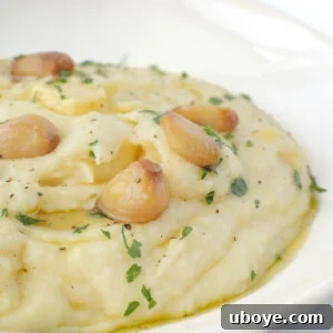 Garlic Infused Butter Mash 7 A close-up of a bowl of beautifully smooth garlic mash potato, garnished and ready to be served.