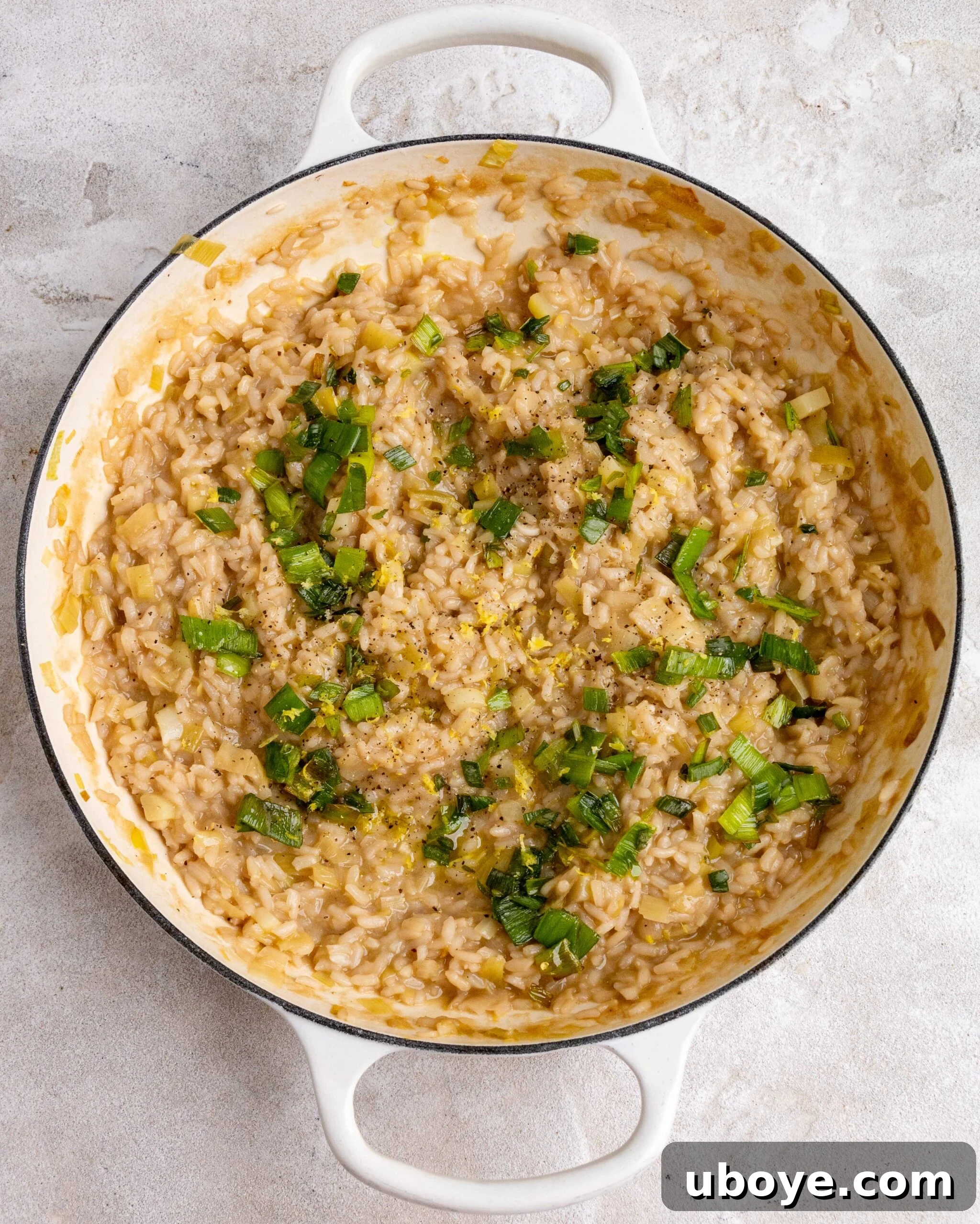 Creamy Leek Risotto 6 Finished leek risotto in a large white pot, garnished with crispy fried leek tops and bright lemon zest.
