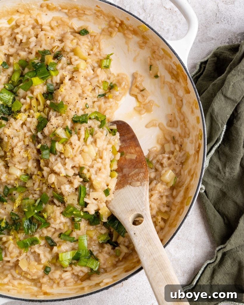 Creamy Leek Risotto 7 A large pot of creamy leek risotto, garnished with fried leek tops and lemon zest, ready to be served.